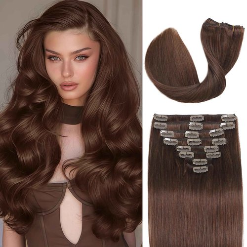 Clip in Hair Extensions Real Human Hair, 14 inch 80g, Balayage Invisible Remy Human hair Clip in Extensions for Women Seamless Straight 8Pcs Double Weft Chocolate Brown