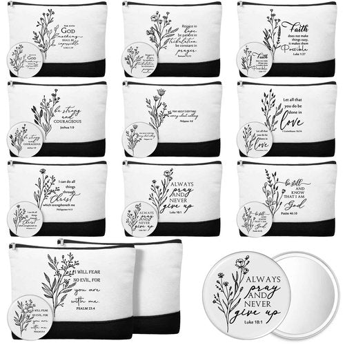 Kacctyen 20 Pcs Christian Gift for Women Bulk 10 Inspirational Religious Canvas Makeup Bag 10 Mini Christian Compact Mirrors Religious Gifts for Pastor Church Christmas Thanksgiving Gifts(Aesthetic)