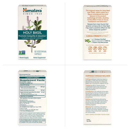 Himalaya Holy Basil, 60 Day Supply - Herbal Adrenal Support for Stress Relief, Relaxation, Energy Support and Occasional Sleeplessness - Vegan, Non-GMO, Gluten Free, 720 mg, 60 Capsules, Pack of 2