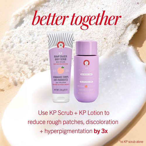 First Aid Beauty - KP Bump Eraser Body Scrub with 10% AHA, Keratosis Pilaris Exfoliator with Glycolic and Lactic acids, Helps Reduce Chicken Skin Bumps, Safe for Sensitive Skin, Peach Scent (8 oz)