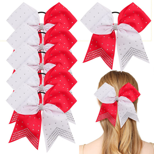 6PCS 8" Large Cheer Hair Bows Ponytail Holder, Rhinestones Cheerleader Bows with Elastic Band Hair Tie Handmade for Cheerleading Teen Girls College Sports (White/Red)