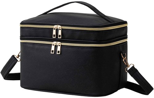 HBlife Extra Large Double Layer Travel Makeup Bag Portable Leather Cosmetic Bag Make Up Bag Makeup Case Organizer Toiletry Bag for Women Girls with Handle, Removable Divider and Shoulder Strap (Black)