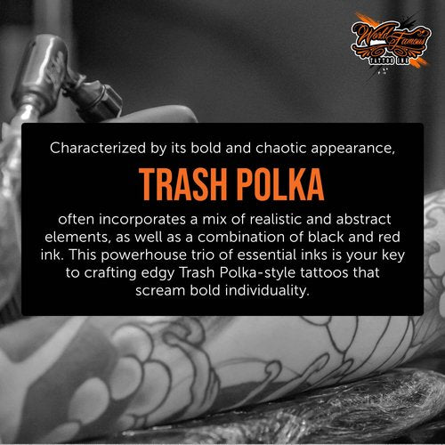 World Famous Trash Polka Mini Tattoo Ink Pigment Set of 3, Vegan, Professional Supplies, 1oz Bottles, Paul Rogers Red, Blackout, Portrait White
