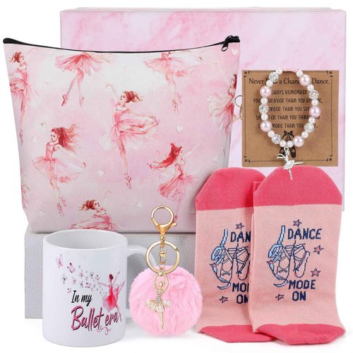 Teenyyou 6 Pcs Ballerina Recital Dance Gifts for Girls Glitter Pink Bracelet Pom Pom Keychain Makeup Bag Socks Funny Mug Stuff for the World International Dance Day for Daughter Granddaughter Friends