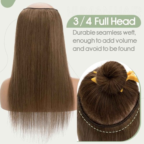 S-noilite One Piece Clip in Hair Extensions Human Hair One Piece/5 Clips 3/4 Full Head V Part Weft Thicker Hair Lace Net One Piece Hair Extensions Clip in Human Hair (12"-50g,#06 Light Brown)