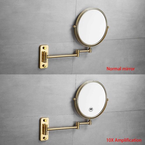 AIREMOEN Gold 1x10x Double Sided Magnifying Bathroom Makeup Mirror 360 Degree Swivel Mirror Adjustable Telescopic Arm Wall Mount 8 Inch Non-Illuminated Beauty Mirror Shaving Mirror（Square Base）