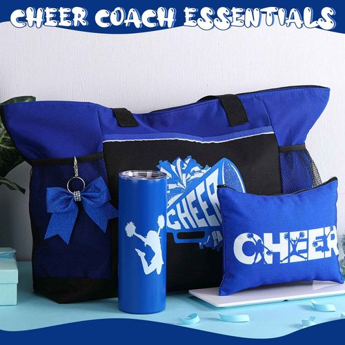 Patelai 4 Pcs Cheerleader Gifts Set Cheer Tote Bag 20 oz Tumbler Makeup Bag Keychain Stuff Accessories for Cheerleader(Blue,Cheer)