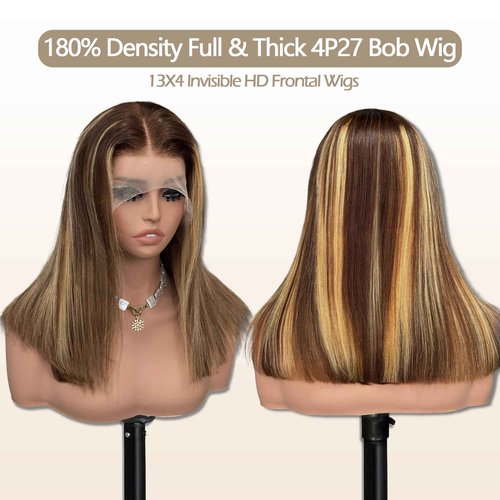 Bestvivid Highlight Honey Blonde 13x4 HD Lace Front Wigs Human Hair 4/27 Lace Front Bob Wig Human Hair Pre Plucked Middle Part Ombre Colored Transparent Lace Frontal Wigs (8 Inch, 4/27 Highlight)