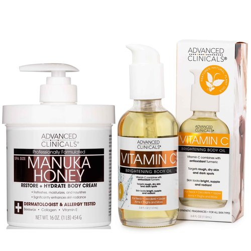 Advanced Clinicals Manuka Honey Hydrating Cream + Vitamin C Brightening Body Oil Set