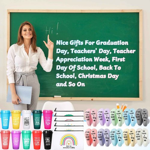 Funnymoom 30 Pieces Teacher Gifts Bulk,Graduation Back to School Day Appreciation Week Gift 16oz Plastic Coffee Tumbler with Lids Teacher Makeup Bags Crew Socks for Women Coworker