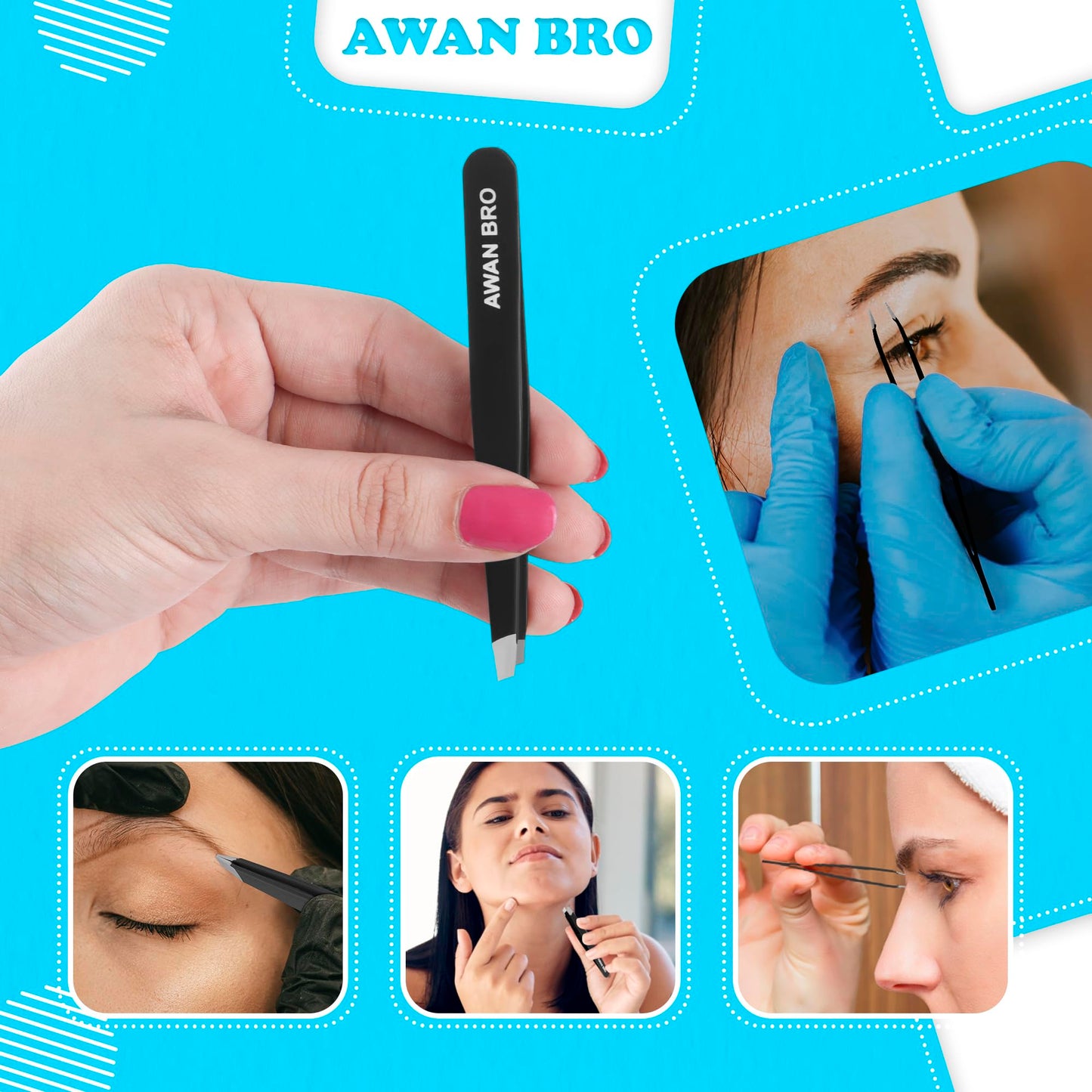 AWAN BRO Professional Stainless Steel Eyebrow Tweezers 4 Pieces With Case, Softly Closure High Precision Strong Grip Eyebrows Facial Hair Ingrown High Grade Tweezers For Women (Black Matt 4pack)