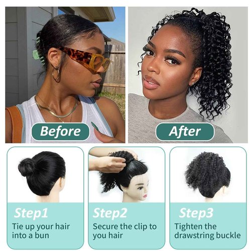 SPIKFN Ponytail Extension Human Hair Curly Ponytail Extension for Black Women 8 Inch #1B Natural Black Short Afro Puffs Hair Buns Drawstring Ponytail Human Hair
