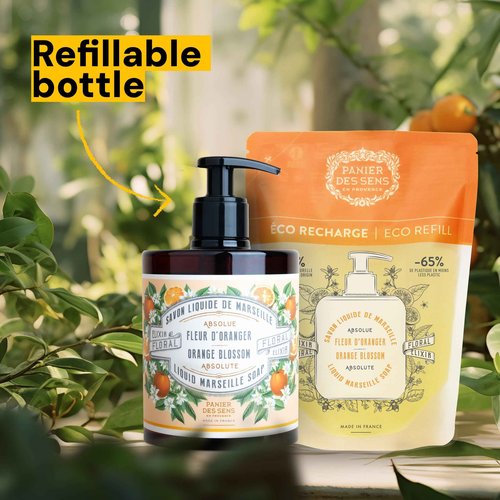 Panier des Sens - Moisturizing Hand Soap - Orange Blossom Gourmand Fragrance - French Traditional Savon de Marseille Soap - Refillable Kitchen & Bathroom Soap - 16.9 Fl.oz Liquid Hand Wash 96% Natural