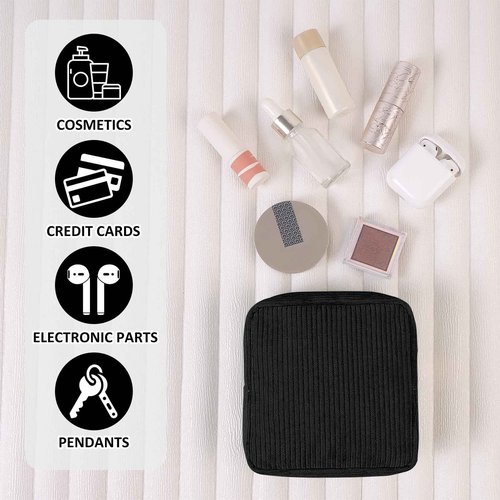 MAGEFY Small Makeup Bag for Purse Mini Cosmetics Bag Corduroy Cute Cosmetic Pouch for Women with Slip-in Pockets-Black