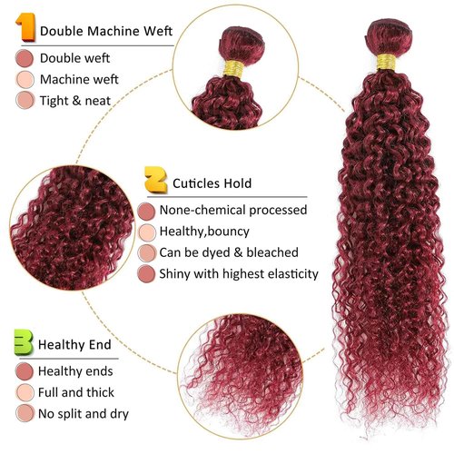 BOKIEOIE Burgundy Bundles Human Hair Unprocessed Brazilian Virgin Curly Wave Human Hair Bundles 16 16 16 inch Wine Red 3 Bundles Color #99J Double Weft Hair Extensions 300g Total for Black Women