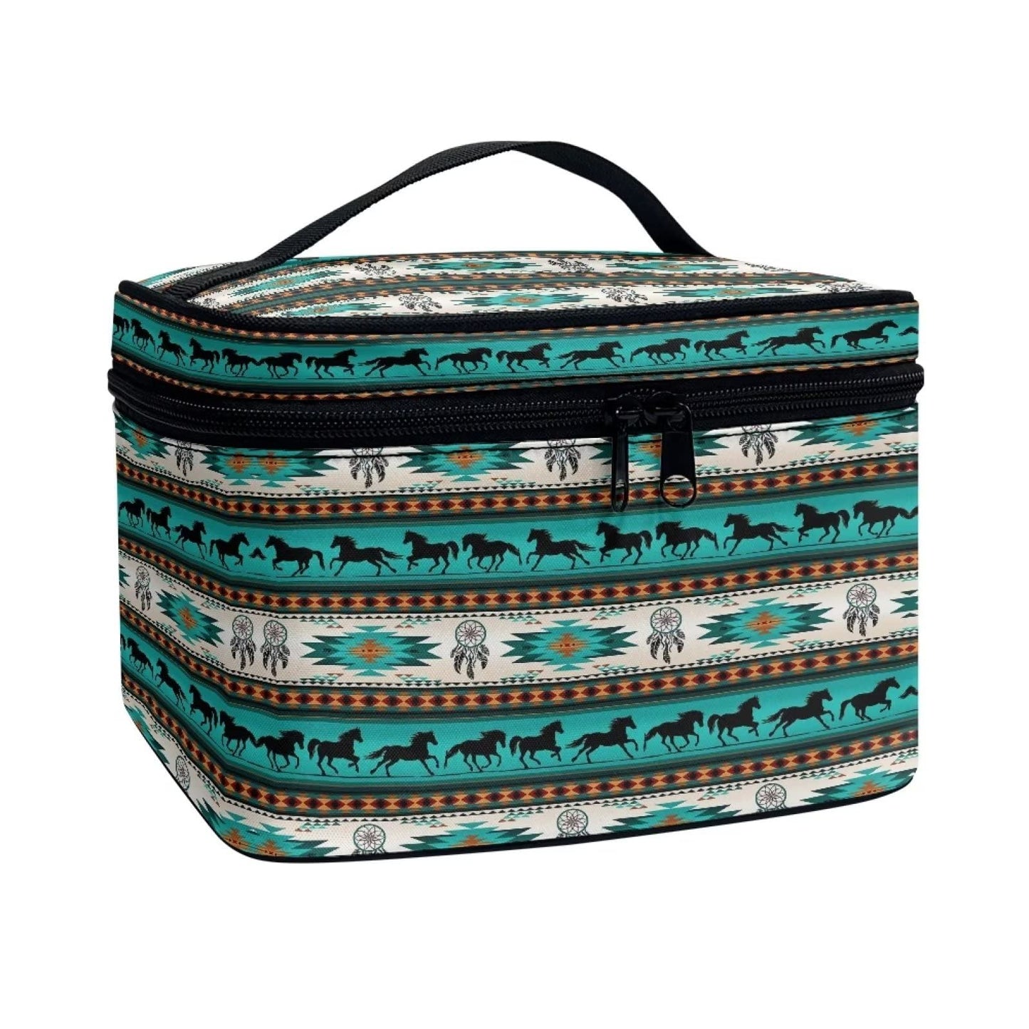 JEOCODY Cosmetic Bag Travel Organizer Southwest Tribal Horse Print Travel Makeup Cosmetic Case Storage Bag Portable Travel Makeup Train Case for Cosmetics Makeup Brushes, Girls, Women, Friends Gifts