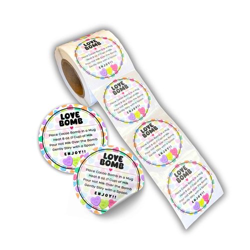 Love Bomb Stickers for Hot Cocoa Bomb Box | 250 pc Roll Bulk Packaging 2” Label Tag Instructions Ingredients for Holiday Valentine’s Candy Heart Background Hot Chocolate Bomb