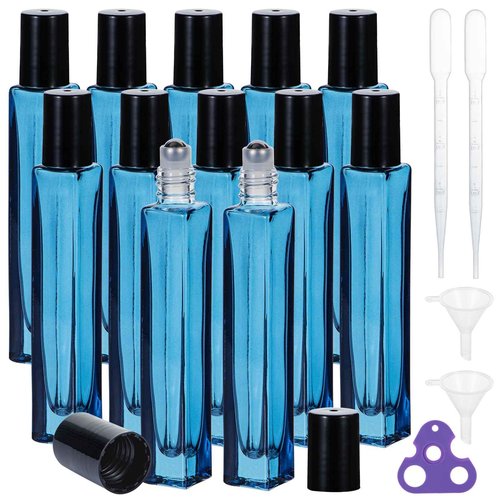 Yebeauty Glass Roller Bottles for Essential Oils 10ml Compact Travel Roll on Bottles for Oil Massage with Stainless Steel Balls, 12 Pack Perfume Rollerball Empty with Opener, Funnels, Droppers, Blue