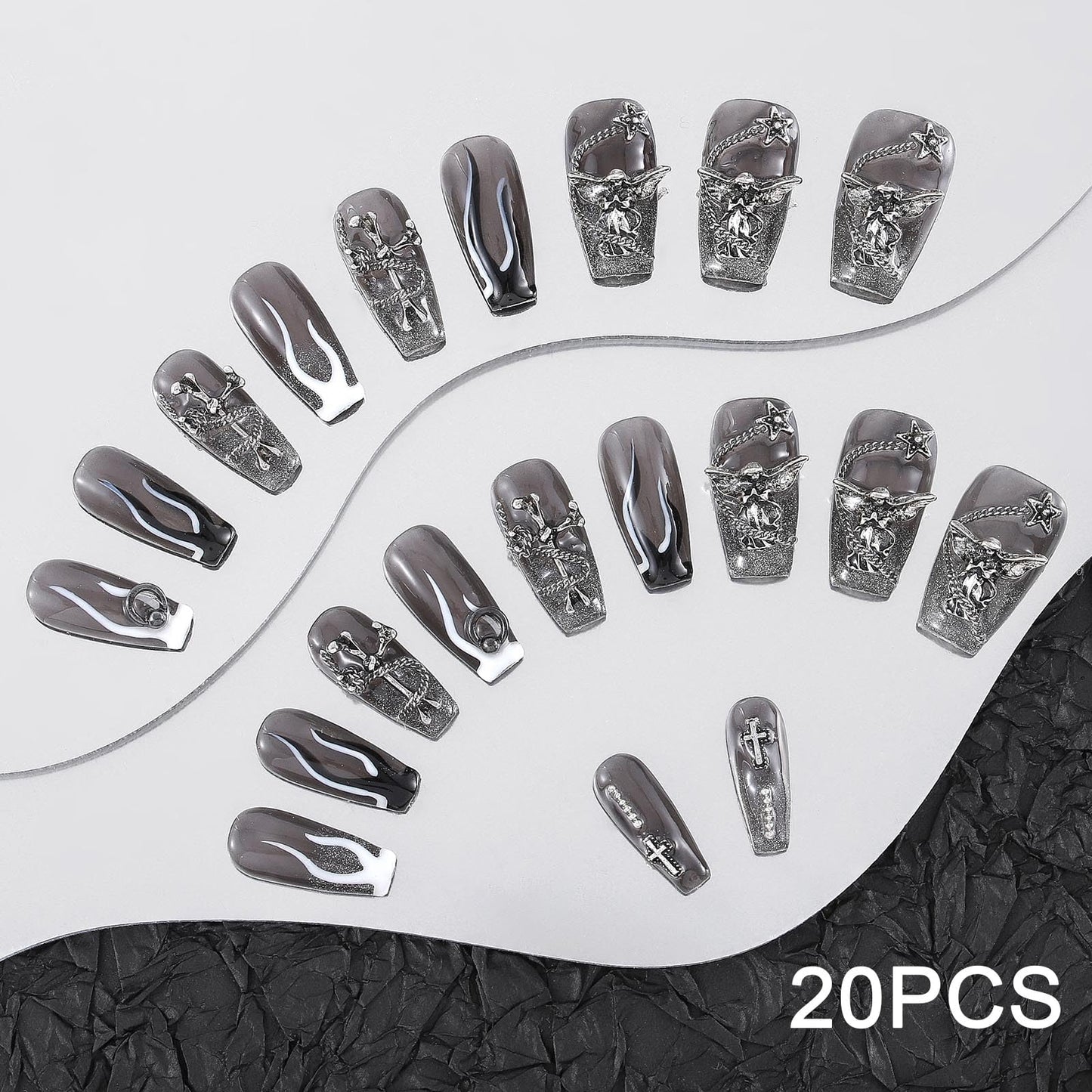 Sethexy Black Long Ballerina Press On Nails Glitter Metallic False Nails Glossy Handmade Flame Painted Fake Nail Salon Quality for Women and Girls 20PCS (M)