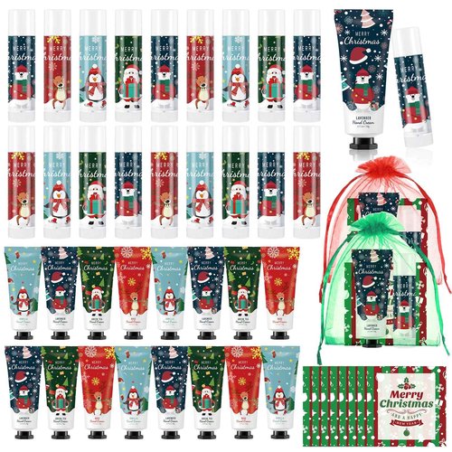 Heigble 12 Set Christmas Hand Cream Gift Set, Including Moisturizing Hand Lotion, Xmas Lip Balm, Gauze Bags, Thank You Cards Natural Fragrant Bulk Christmas Gifts for Coworkers Employees Stuffers