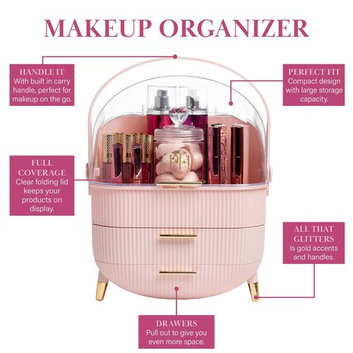 Paris Hilton Makeup Storage Organizer with Lid, Cosmetics and Skincare Organizer for Vanity, Portable Makeup Storage Box for Countertop, Fluted Design with Gold Accents, Pink
