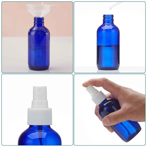 Bastelica Cobalt Blue Glass Spray Bottles 4 oz, Small Empty Spray Bottles for Essential Oils, Fine Mist for Face, Hair, Plants, Travel, Perfumes, Cleaning Solutions - 4 Pack