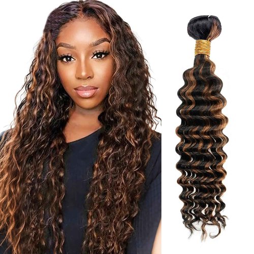 Ombre P1B/30 Highlight Bundles Human Hair Unprocessed Brazilian Virgin Human Hair Single Bundle Black Mixed With Brown 24 Inch Deep Wave Bundle Double Weft Hair Extension for Women 100g Total