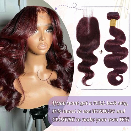 DSEKCAIN 2x6 HD Lace Closure Human Hair Body Wave 99J Burgundy Dark Red Wine Color Transparent Lace Closure 2x6 Long Deep Middle Part 100% Raw Virgin Human Hair 12 Inch 150% Density