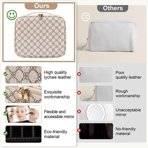 PEEH Makeup Bag with Lighted Mirror, Travel Make up Train Case with Adjustable Brightness Vanity Mirror and Detachable 10x Magnifying Mirror (Beige Clover)