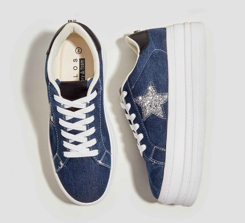BELOS Fashion Platform Women Sneakers Faux Suede Stars Holographic Rainbow Walking Shoes (Denim Blue,7)
