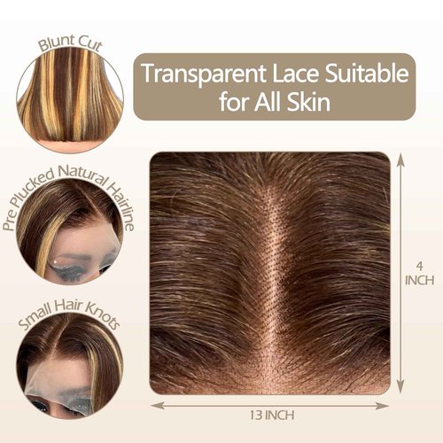 Bestvivid Highlight Honey Blonde 13x4 HD Lace Front Wigs Human Hair 4/27 Lace Front Bob Wig Human Hair Pre Plucked Middle Part Ombre Colored Transparent Lace Frontal Wigs (8 Inch, 4/27 Highlight)