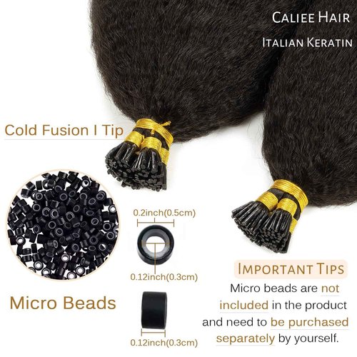 Caliee I Tip Hair Extensions Real Human Hair Kinky Straight, 18inch Natural Hair Extensions Human Hair for Black Women Natural Black Color Real Remy Hair Extension I Tips Hair Thick End 50G 50s/pack