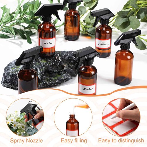 Norme 12 Pcs 8 oz Glass Spray Bottles with Funnels and Labels Refillable Cosmetic Empty Spray Bottles with Sprayer Containers for Essential Oil Cleaning Solutions(Amber,Classic)