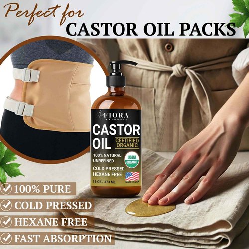 Organic Castor Oil in Glass Bottle – 16 Oz Cold Pressed & Hexane-Free – USDA Certified – Hair Growth Oil For Lashes, Brows, Skin & Scalp – with Pump