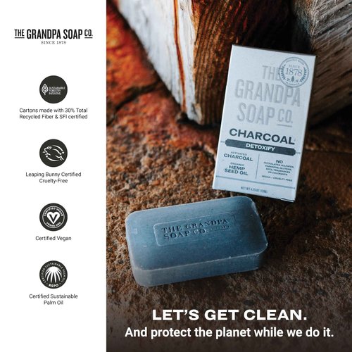 The Grandpa Soap Company Charcoal Bar Soap - With Activated Charcoal Hemp Seed and Mint Oil, Detoxifies, Draws Out Dirt and Toxins, Clear Congested Pores, Vegan, 4.25 Oz, 6 Pack