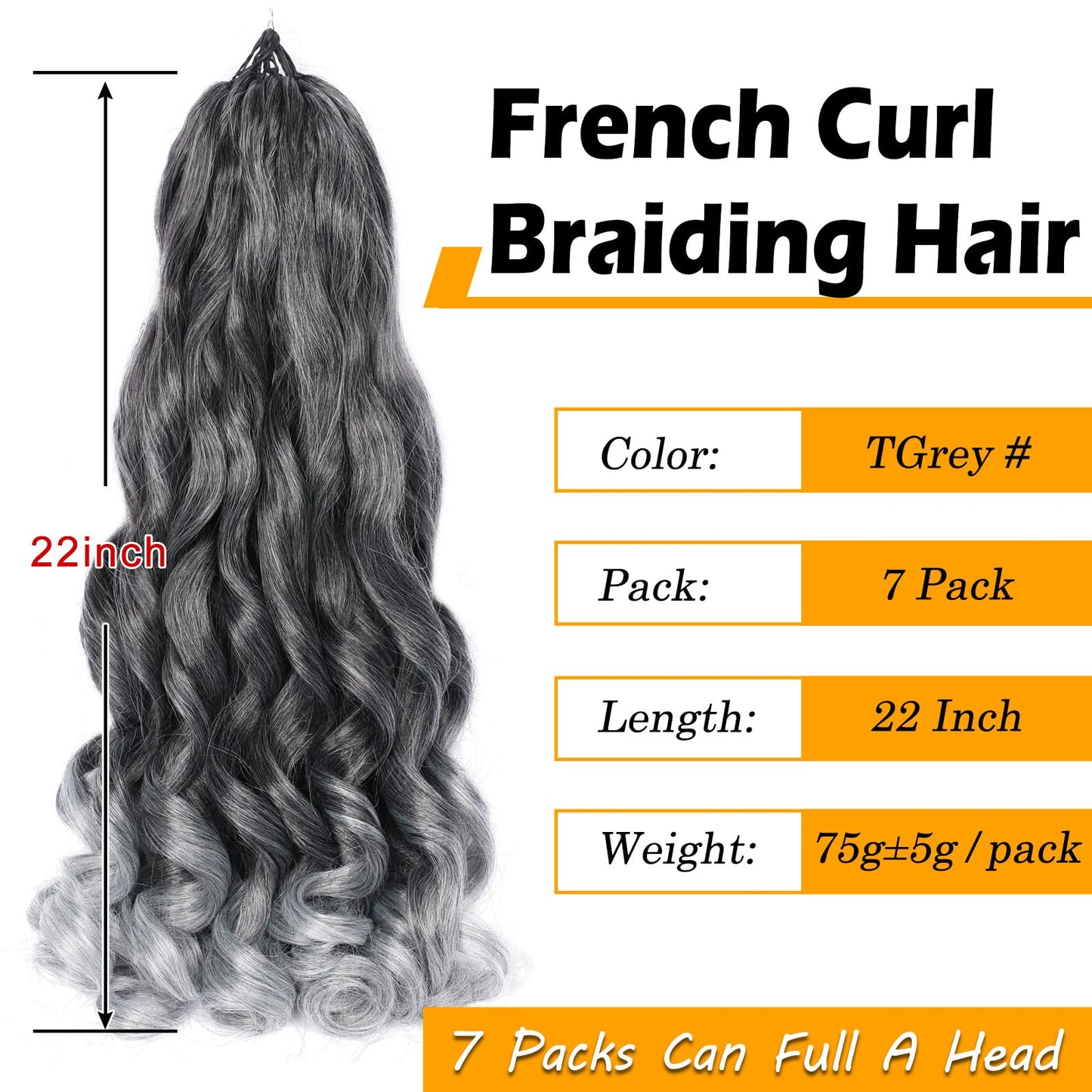 Ombre Grey French Curls Braiding Hair 22 Inch Bouncy French Curly Braiding Hair Loose Wavy Crochet Braids Hair for Women (7 Packs, 1B/Grey#)