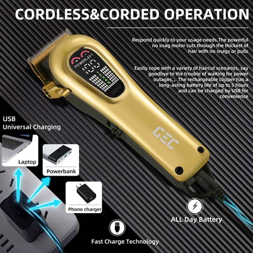 GEC Smart Hair Clipper for Men,Rechargeable -Professional Clippers,Low Noise 5-Mode Hair Clippers with Auxiliary Light Hair Trimmer Kit for Men