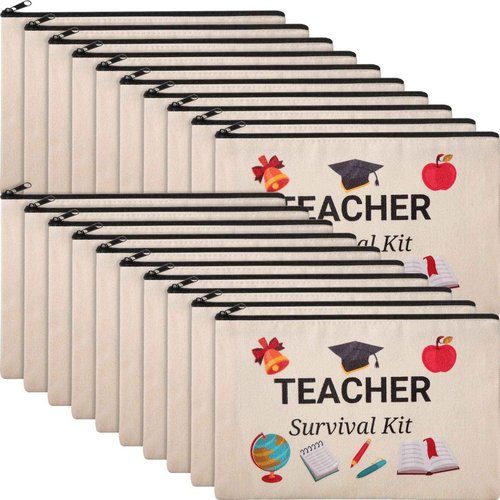 Weewooday 20 Pieces Teacher Appreciation Gifts Cosmetic Bags Teacher Canvas Makeup Bags Toiletry Case Pencil Bag with Zipper Stationery Case Bag for Teachers Appreciation graduation
