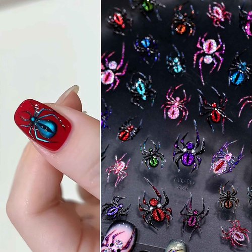Dark Gothic Halloween Nail Stickers 3D Realistic Evil Spiders & Bloody Spider Web Self-Adhesive Nail Art Decoration for Women Girls Halloween Party