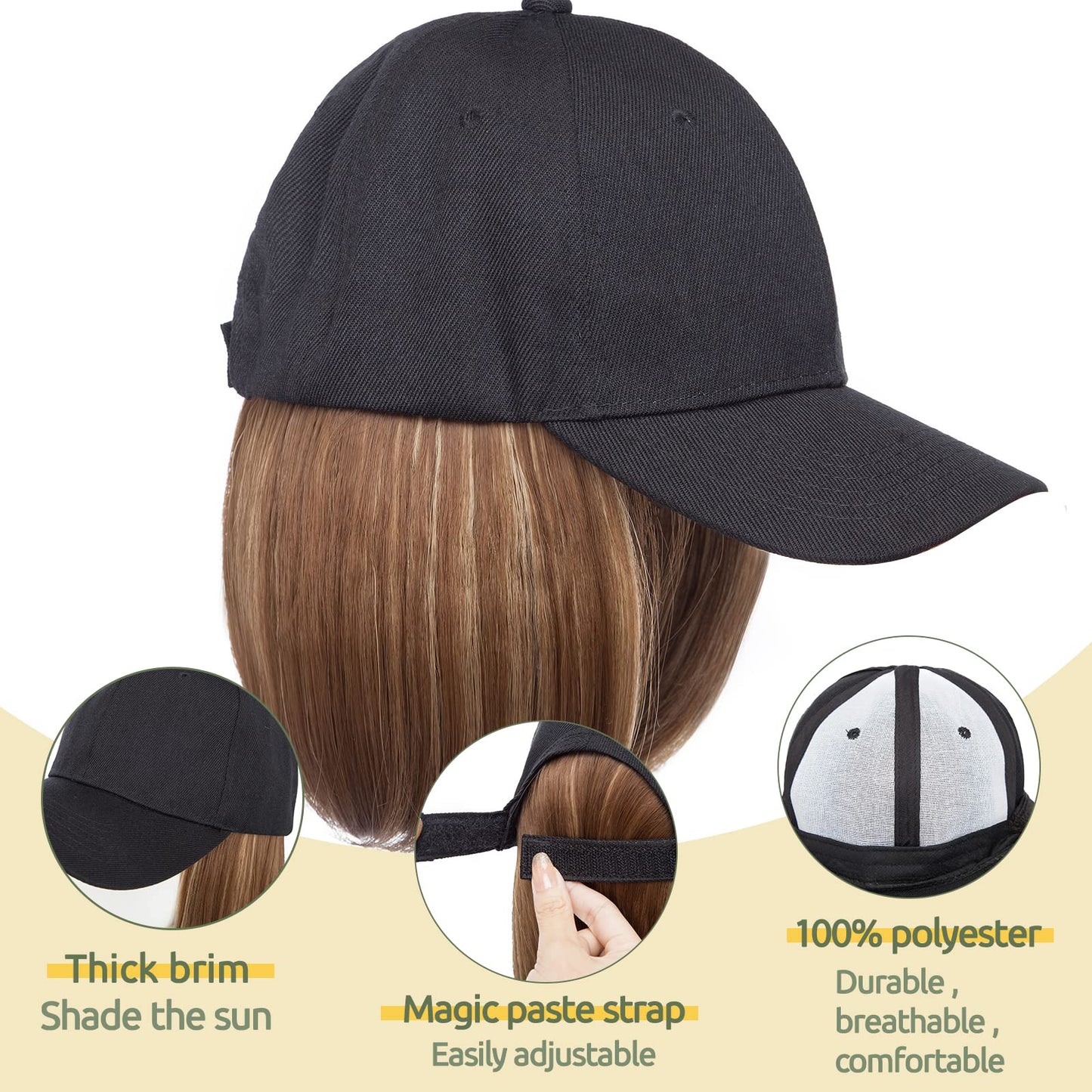 S-noilite 6" Baseball Hats with Hair Attached Short Bob Hairstyle Baseball Cap Wig with Hair Extensions Adjustable Straight Baseball Hat Bob Hair Wig for Women(6in, 10P22T#)