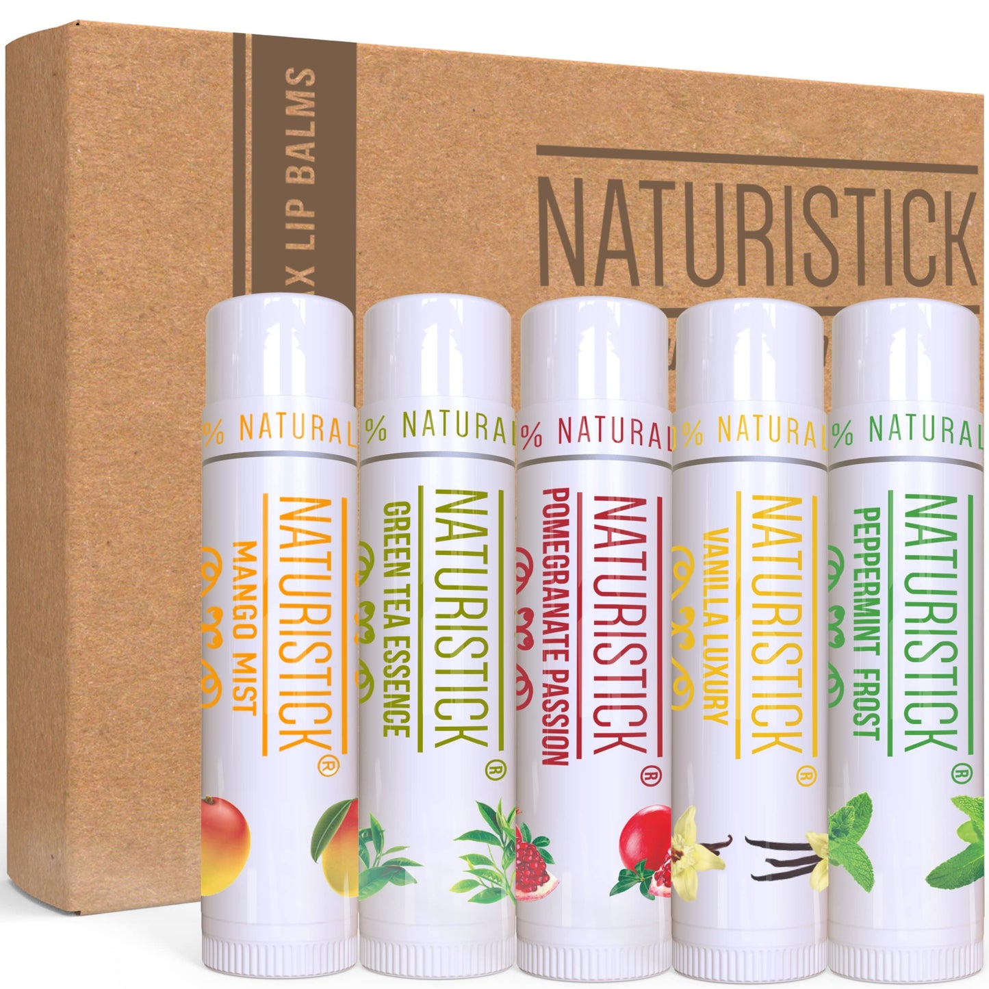 5-Pack Lip Balm Gift Set by Naturistick. Assorted Scents. 100% Natural Ingredients. Best Beeswax Chapsticks for Dry, Chapped Lips. Made in USA for Men, Women and Children