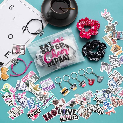 Amylove 149 Pcs Gift for Cheerleader Cheer Gifts Bulk Cheer Makeup Bag & Keychain & Scrunchies & Bracelet & Waterproof Stickers, Team Spirit Party Favors for Cheerleader Gifts