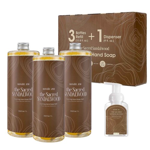 ROMIIE ZOI Foaming Hand Soap Refill Gift Set-3 Pack with Dispenser, Cruelty-Free and Biodegradable Formula, Moisturizing with Essential Oil for Sensitive Skin,Sandalwood Scent,(33.8 Fl Oz x 3)