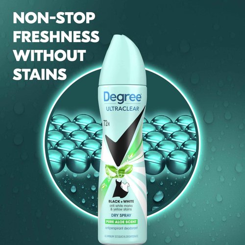 Degree UltraClear Antiperspirant Deodorant Dry Spray 4 pack for 72h Nonstop Sweat Protection For Women Pure Aloe Scent Anti White Marks And Yellow Stains 3.8 Oz
