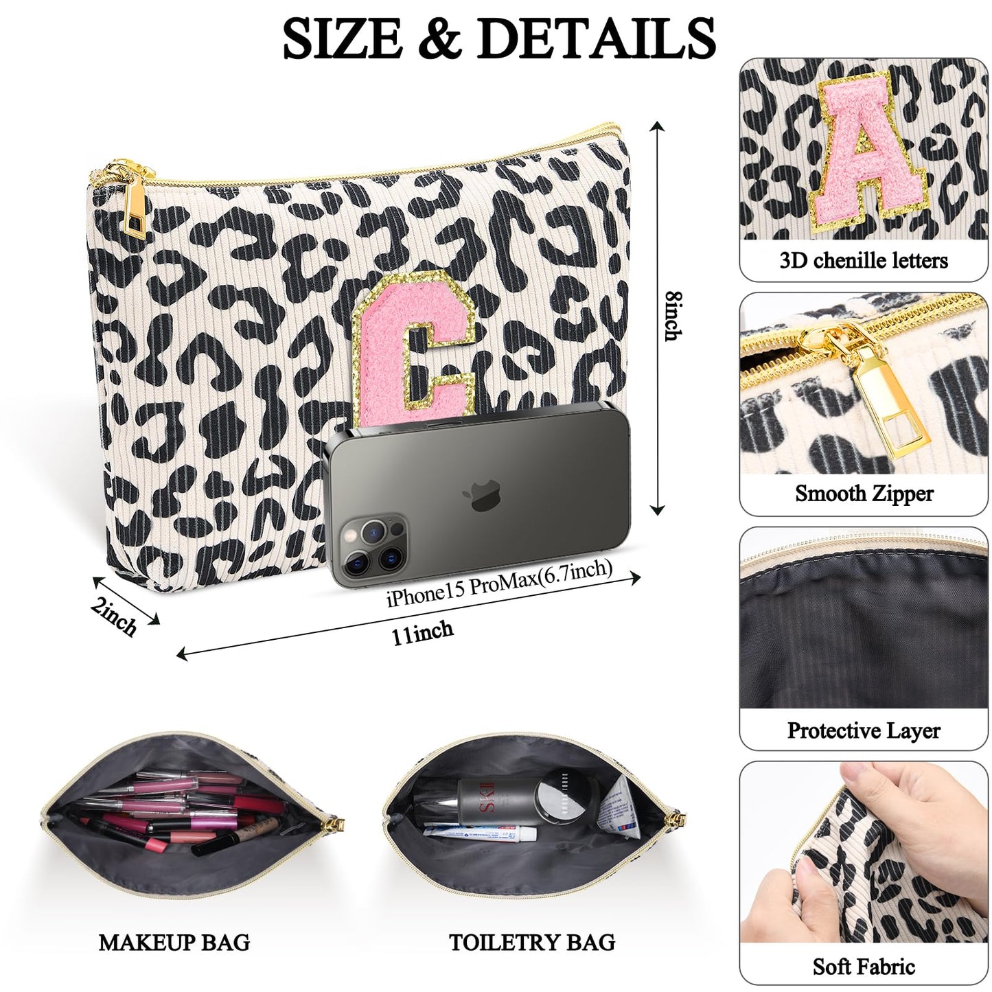 Personalized Initial Cute Pink Cosmetic Bag for Women, Graduation Gifts Makeup Pouch Organizer Bag for Girls 10-14, Travel Toiletry Bag for Her Mom Girlfriend Wife Teacher Birthday Gifts, Leopard K