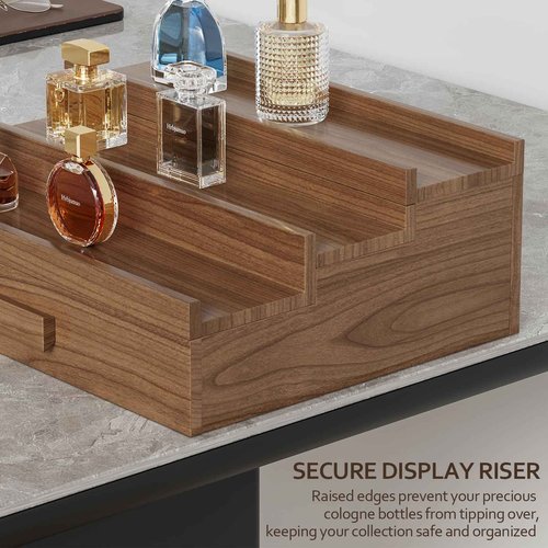 Hrbjunuo Walnut Wood Cologne Organizer for Men 3 Tier Cologne Stand,Cologne Display Shelf with Drawer Storage,Perfume Stand Organizer Perfume Display Holder Great Gift for Men Father Christmas
