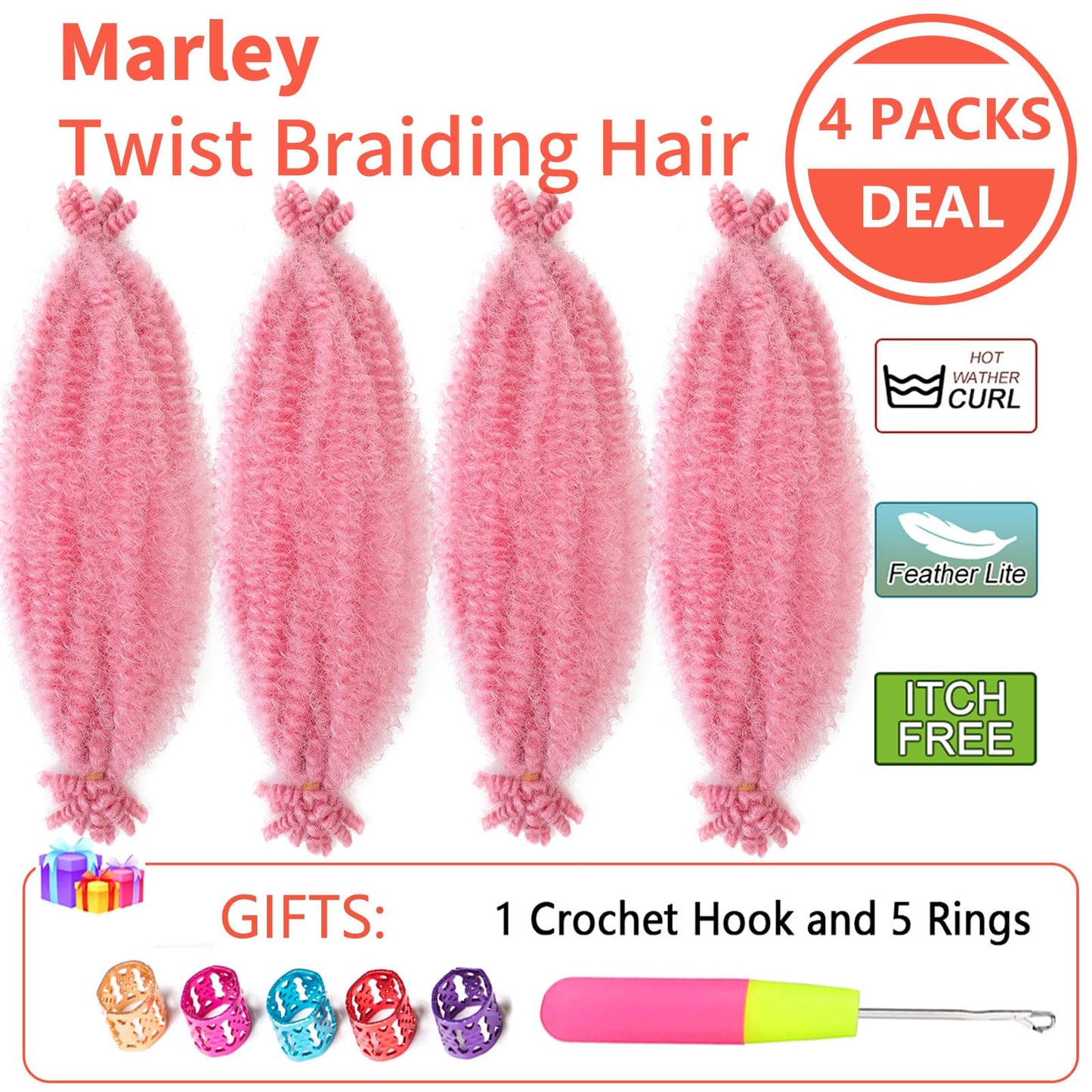 Pink Marley Twist Braiding Hair, 10 Inch 4 Packs Soft Springy Afro Kinky Twist Hair For Braiding,Pre-Stretched Pre-Fluffed Spring Twist Hair（10in,4packs,Pink#)