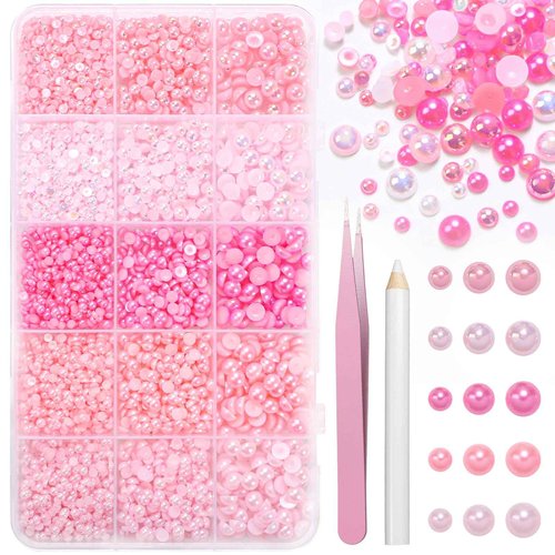 15000 Pcs Pink Flatback Pearls for Crafting, Assorted Size 3/4/6mm Half Pearls Bedazzling ABS Pearl Beads Gems for Nails Art DIY Crafts Face Makeup with Pickup Pencil Tweezer