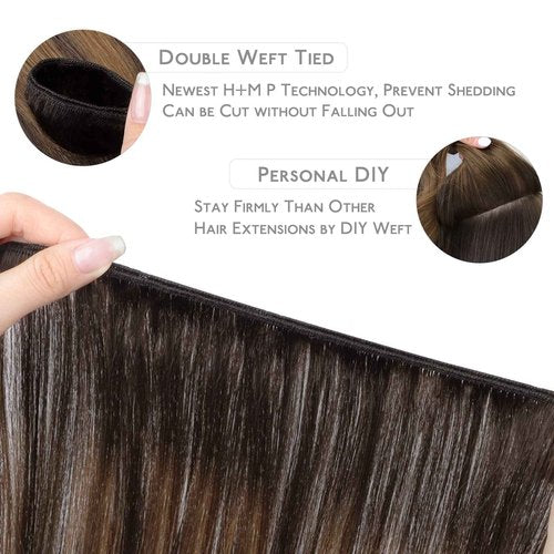 WENNALIFE Sew in Hair Extensions Real Human Hair, Weft Hair Extensions Human Hair 16 Inch 80g Balayage Dark Brown to Chestnut Brown Hand Tied Weft Straight Extensiones De Cabello Hmano