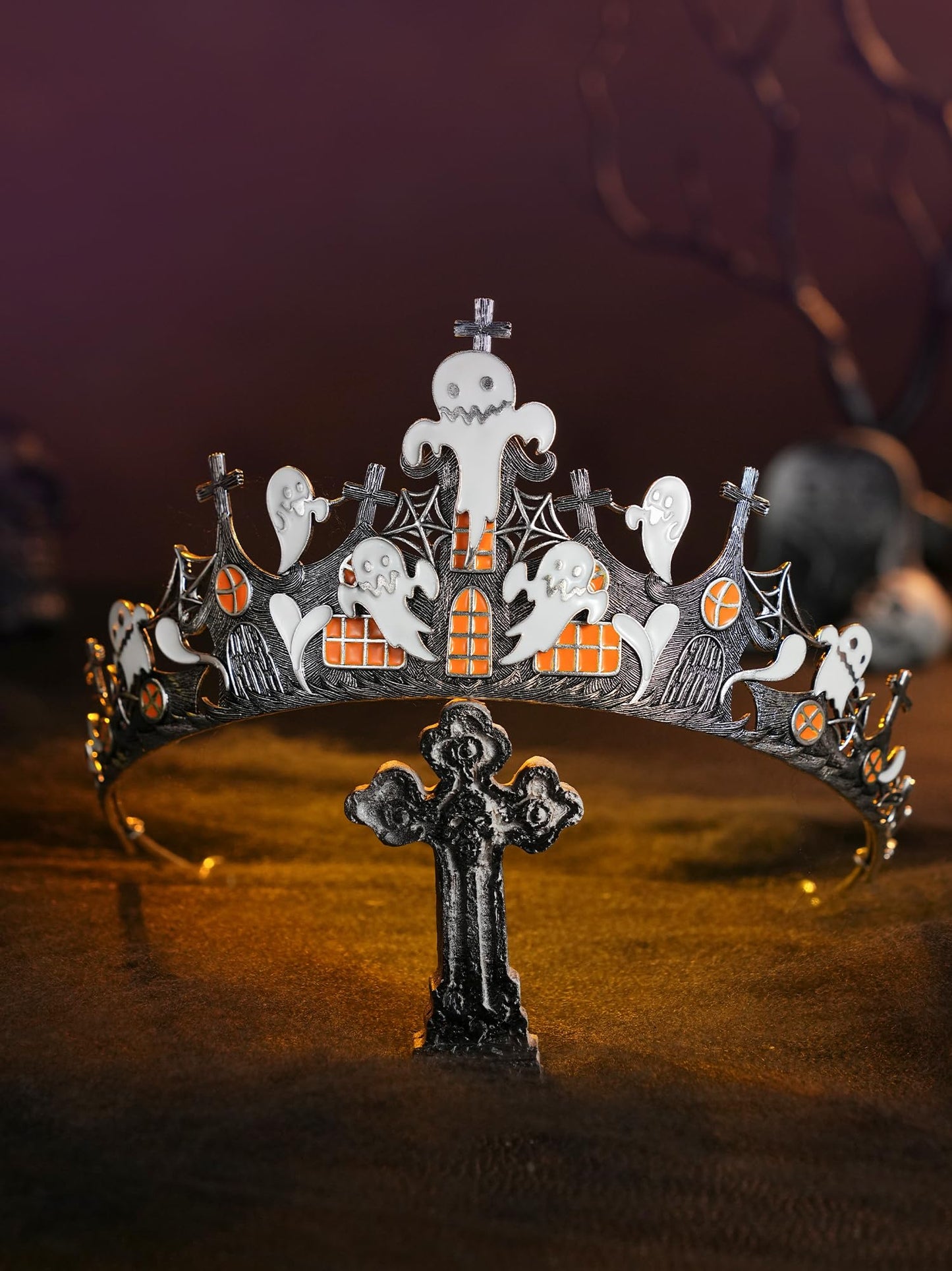 SWEETV Halloween Costume Crowns and Tiaras for Women Gothic Black Witch Evil Queen Crown Hair Accessories-Naughty Ghost